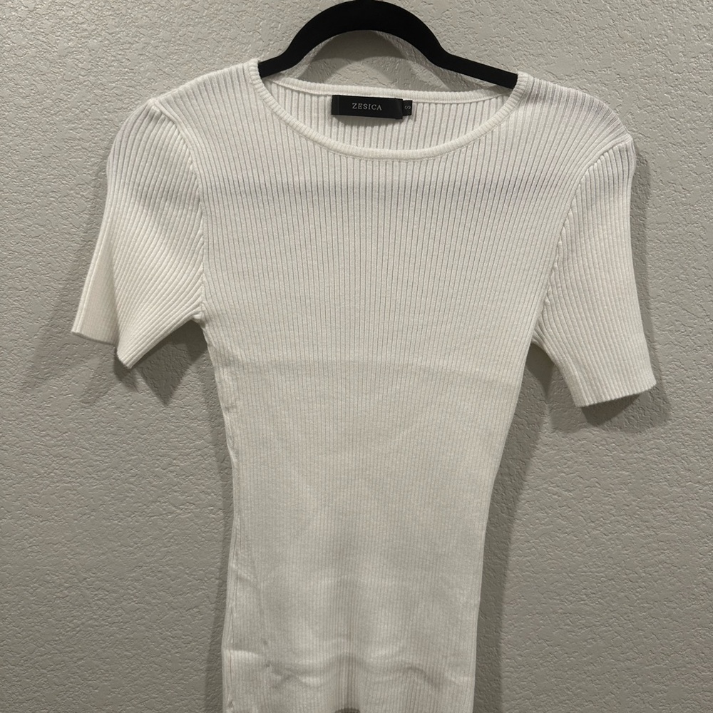 Cream Ribbed Fitted Short Sleeve Tee